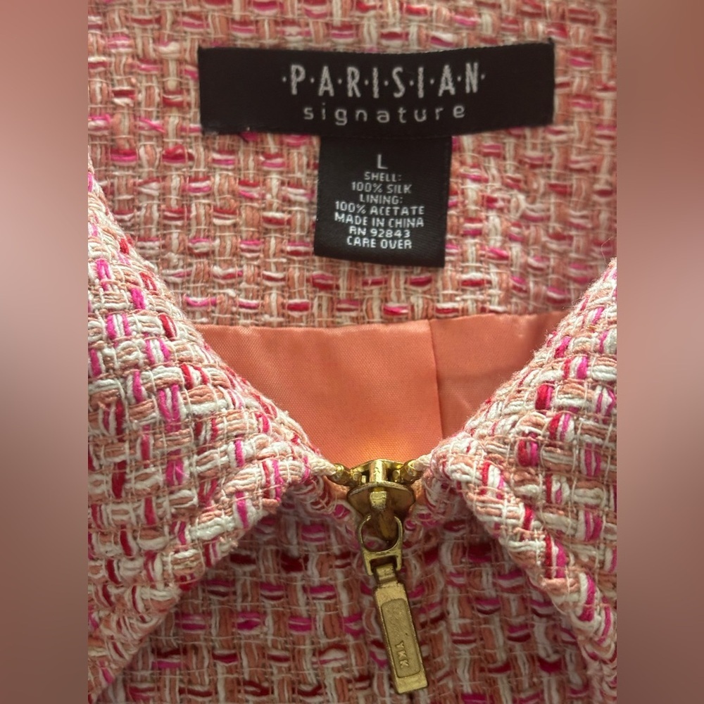 PARISIAN SILK SIGNATURE CLASSIC PINK MULTI TWEED ZIP FRONT BLAZER JACKET SIZE L - Picture 3 of 10